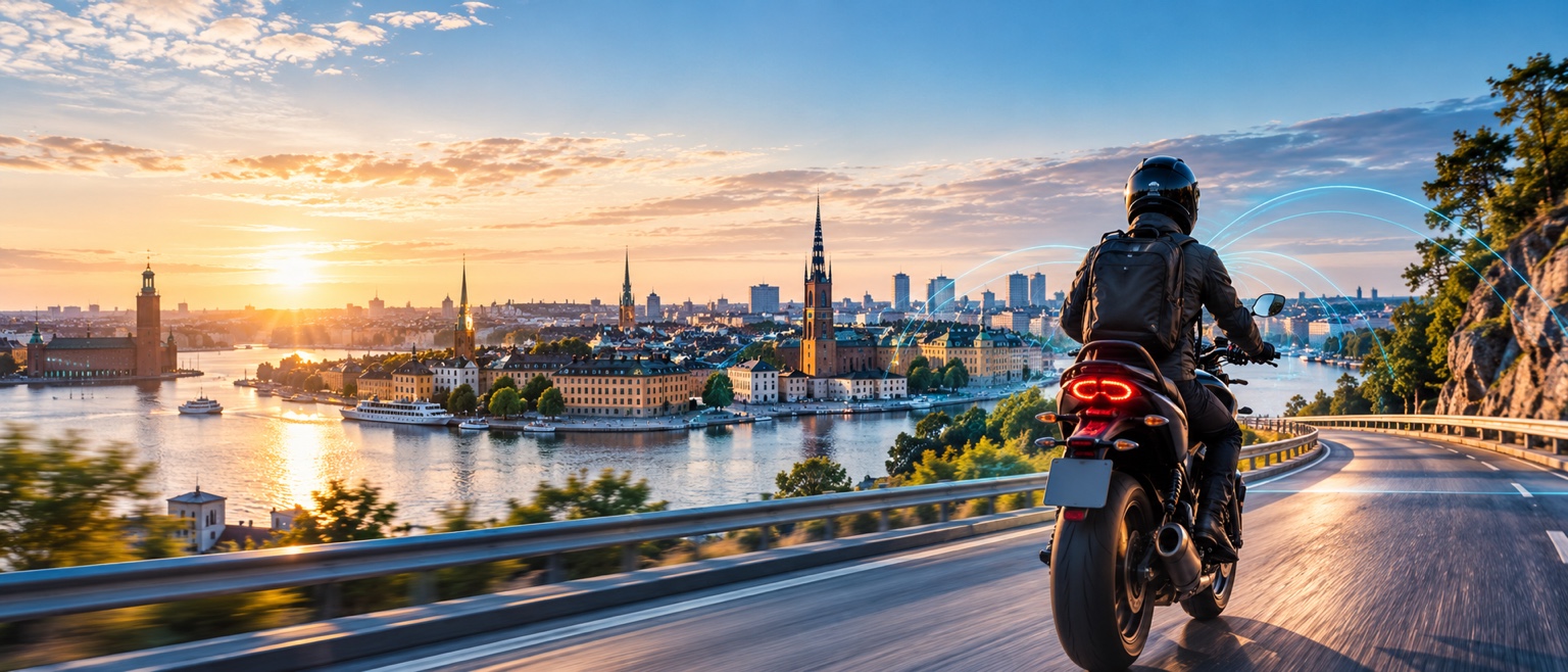 Motorcyclist overlooking Stockholm at sunset
